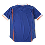 Elite Retro Kits Netherlands 1998 away football shirt in blue with orange piping and white collar trim, back view.