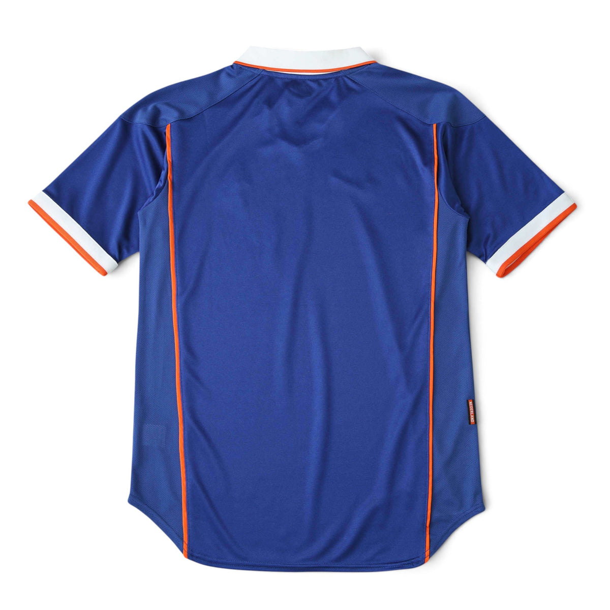 Elite Retro Kits Netherlands 1998 away football shirt in blue with orange piping and white collar trim, back view.