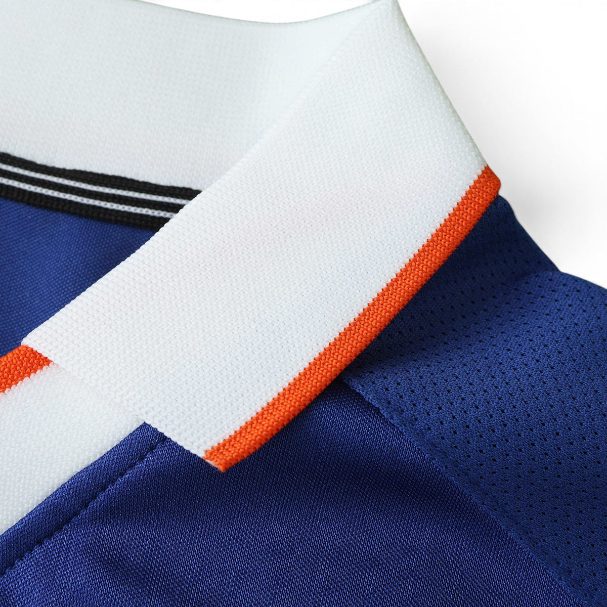 Elite Retro Kits Netherlands 1998 away shirt featuring a white polo collar with orange trim and blue mesh fabric.
