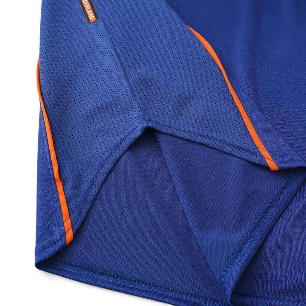 Elite Retro Kits Netherlands 1998 away shirt detail showing blue fabric with orange trim and mesh side paneling
