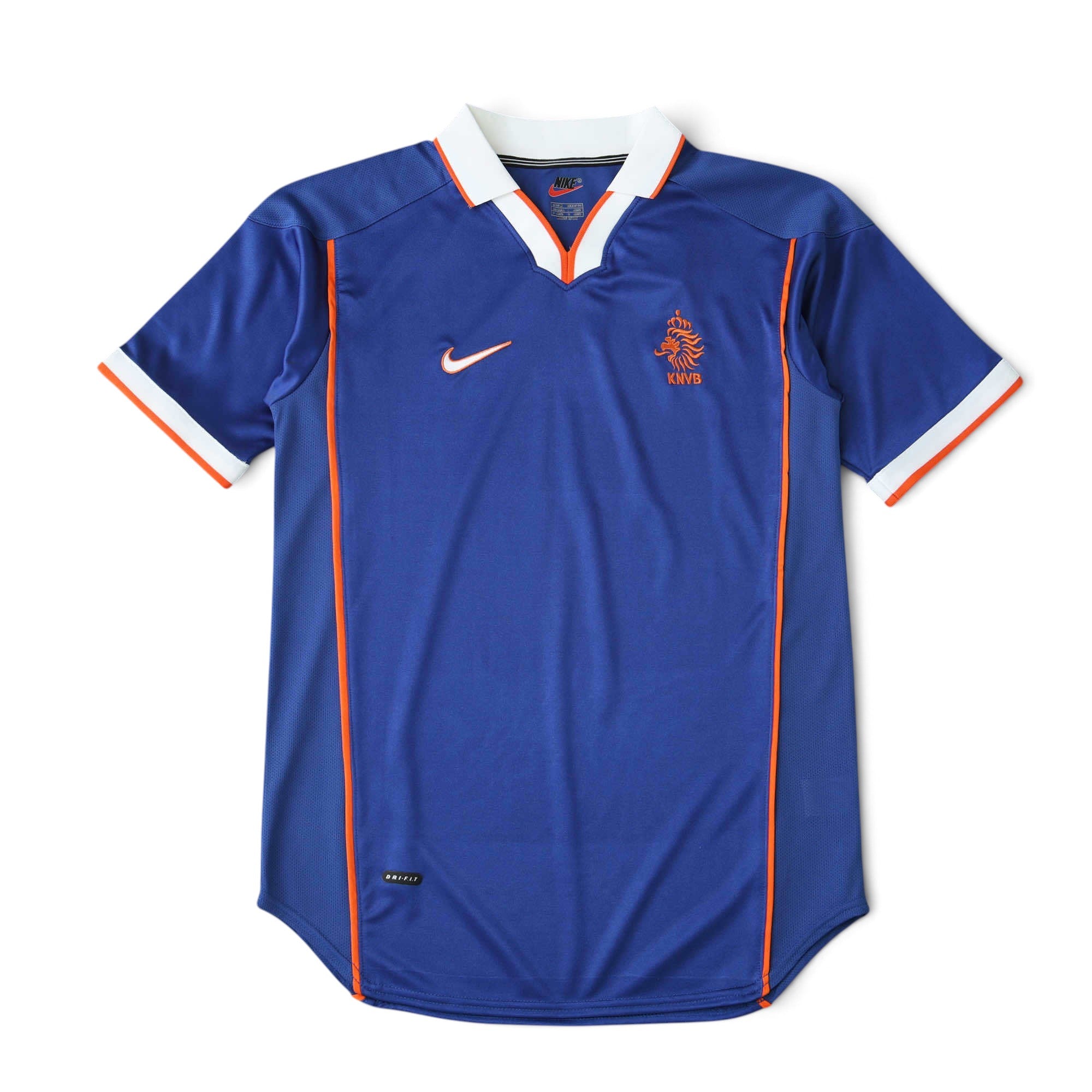 Elite Retro Kits Netherlands 1998 away football shirt in blue with orange accents, white collar, and KNVB lion crest.