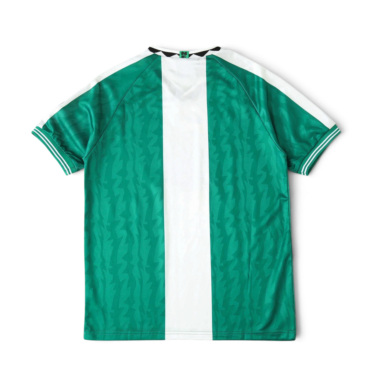 Back view of the Elite Retro Kits Nigeria 1996 home football shirt featuring a green pattern and white central stripe.