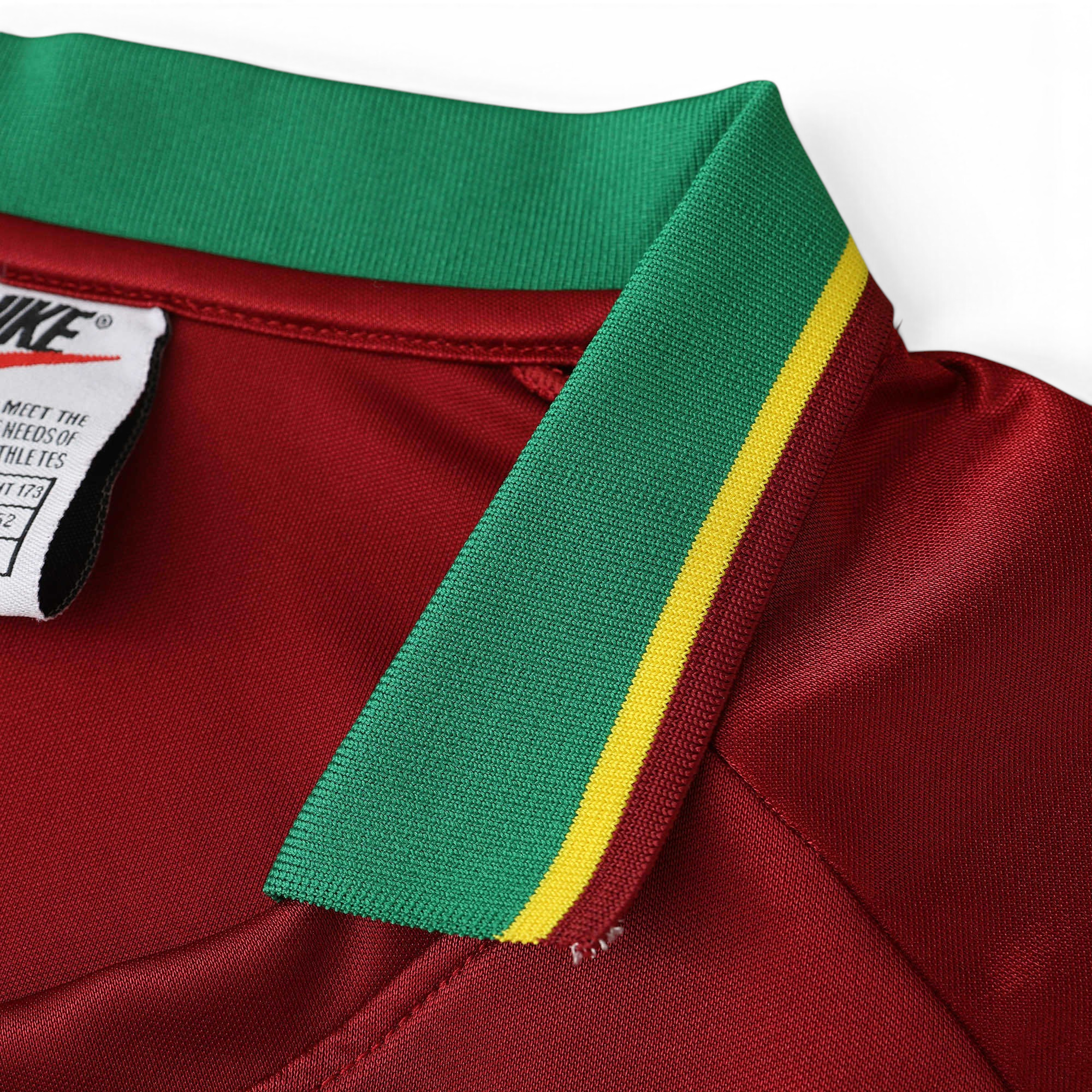 Elite Retro Kits Portugal 1998 home football shirt in red with a green and yellow striped collar and Nike branding