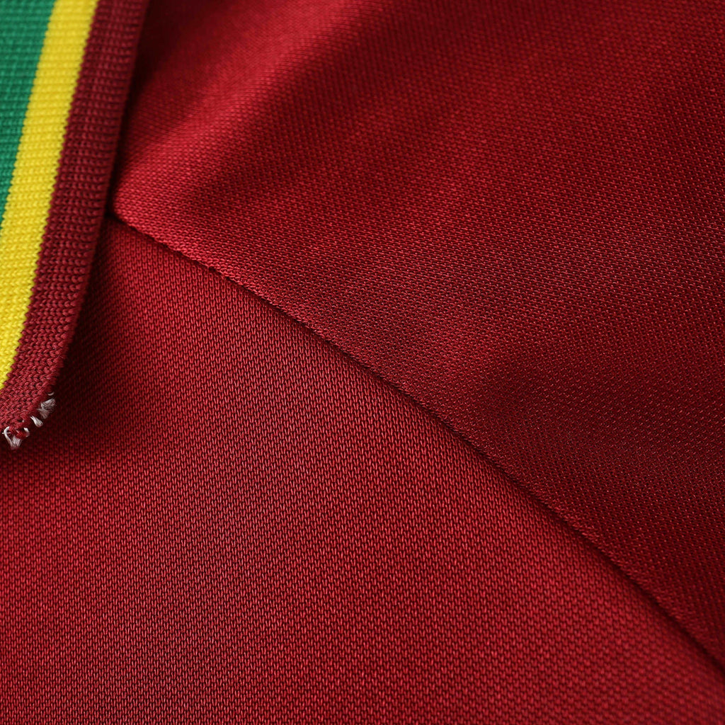 Elite Retro Kits Portugal 1998 home football shirt detail showing red fabric and green and yellow collar trim