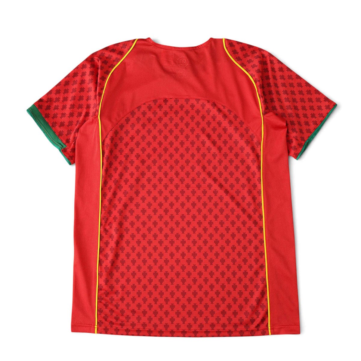 Elite Retro Kits Portugal 2004 home football shirt in red with a subtle crest pattern and yellow piping on the back