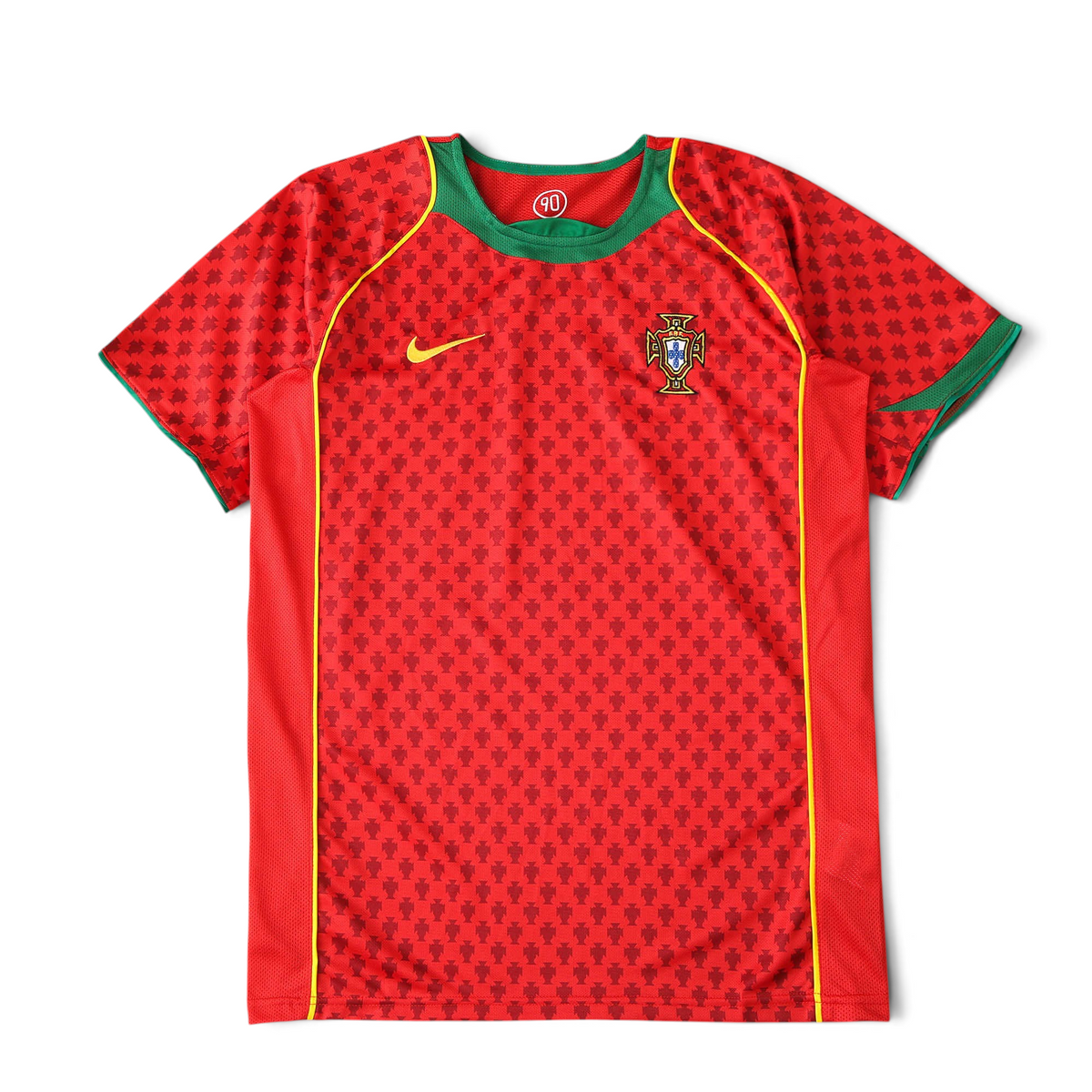 Elite Retro Kits Portugal 2004 home football shirt in red with green trim and the FPF crest on a green pitch background