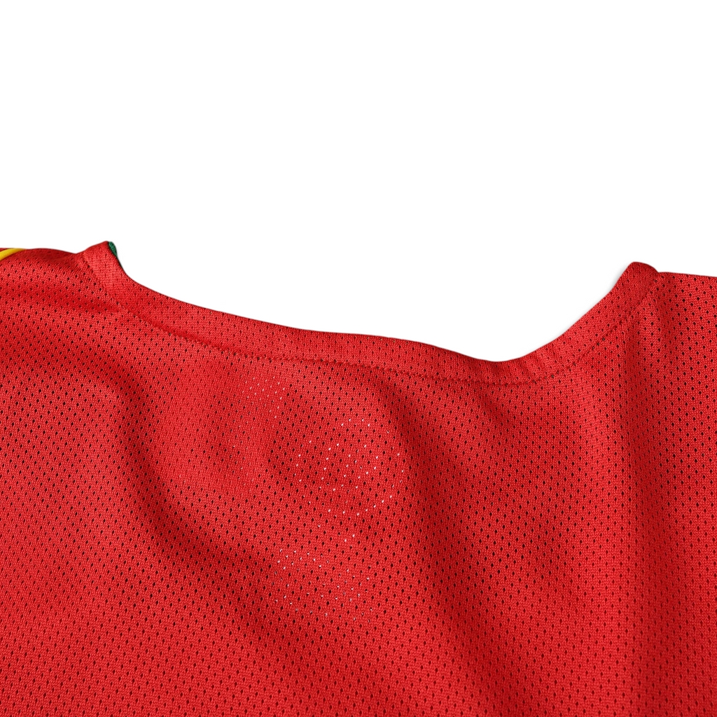 Elite Retro Kits Portugal 2004 home football shirt in iconic red mesh fabric with green and yellow collar detail