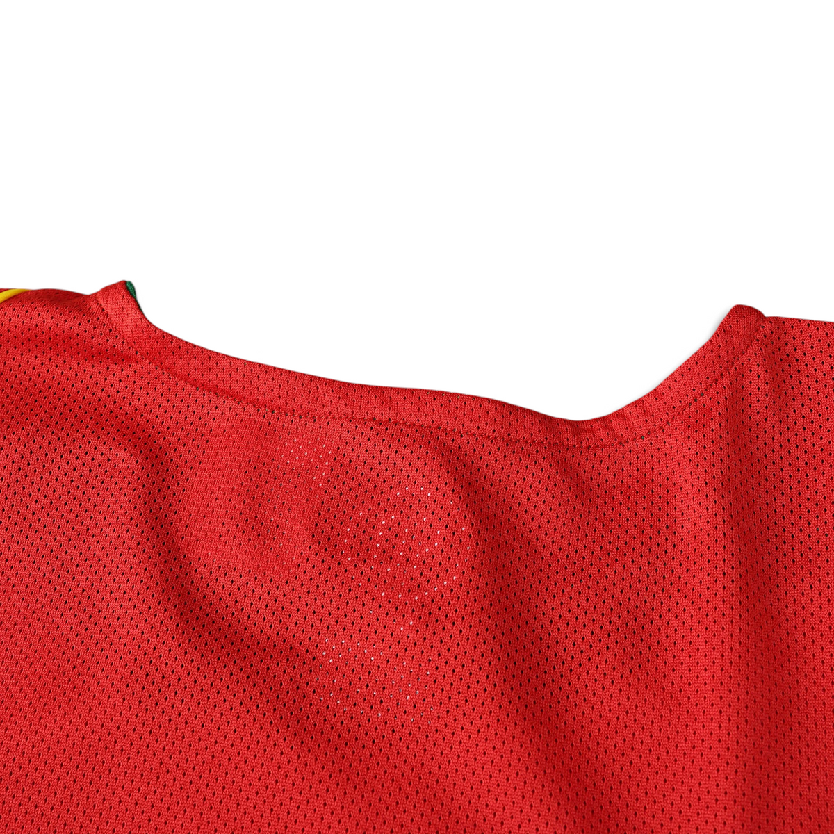 Elite Retro Kits Portugal 2004 home football shirt in iconic red mesh fabric with green and yellow collar detail