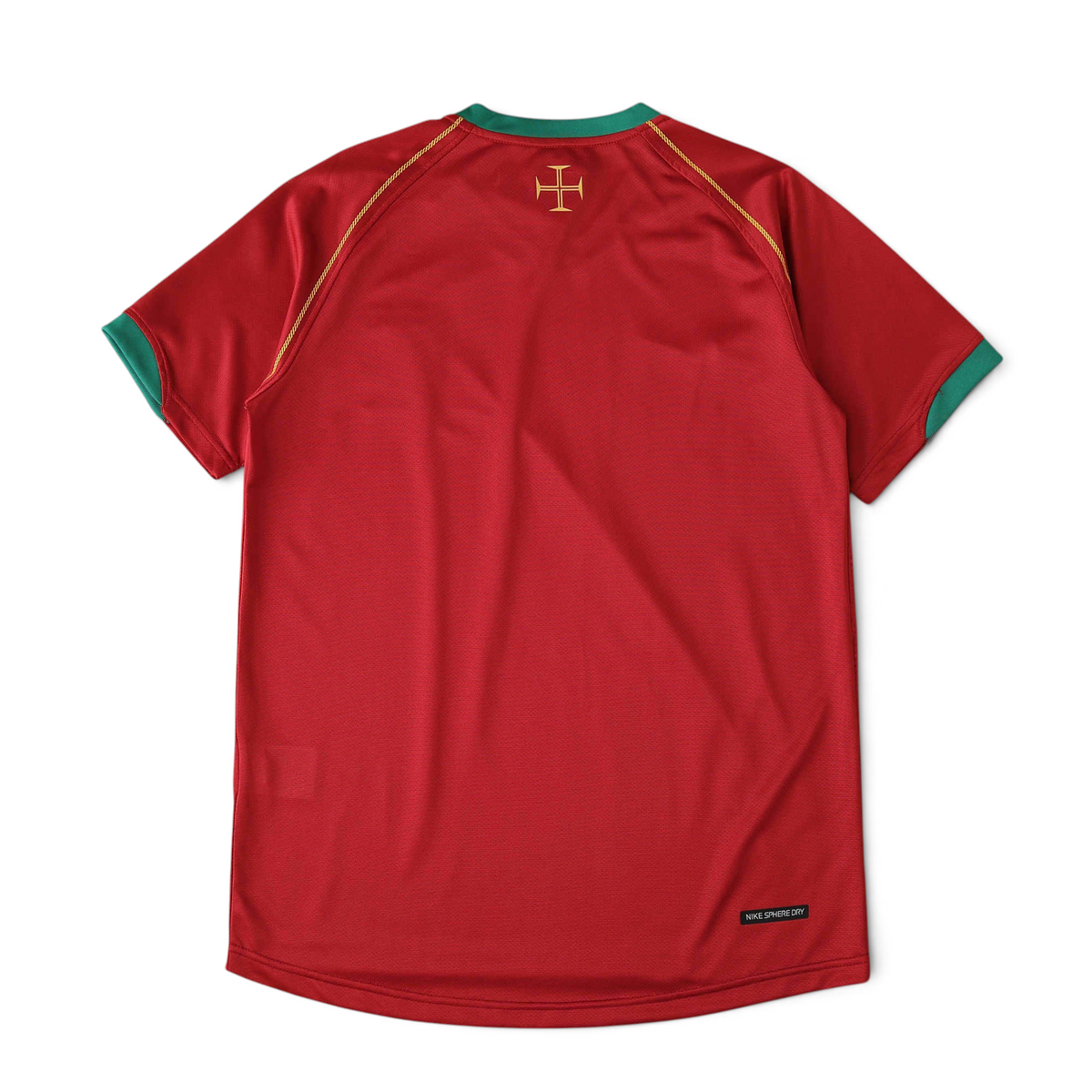 Elite Retro Kits Portugal 2006 home football shirt in red with green trim and gold cross detail on the back neck