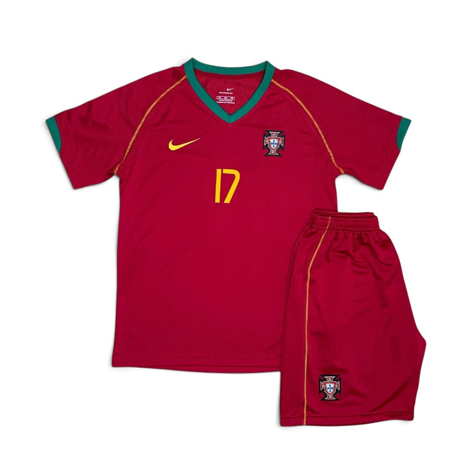 Elite Retro Kits Portugal 2006 kids home football kit in deep red with green trim and number 17 on the shirt