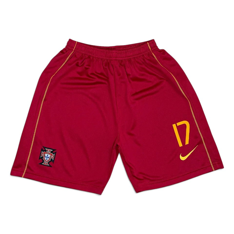 Elite Retro Kits Portugal 2006 home kids football shorts in deep red with yellow number 17 and team crest
