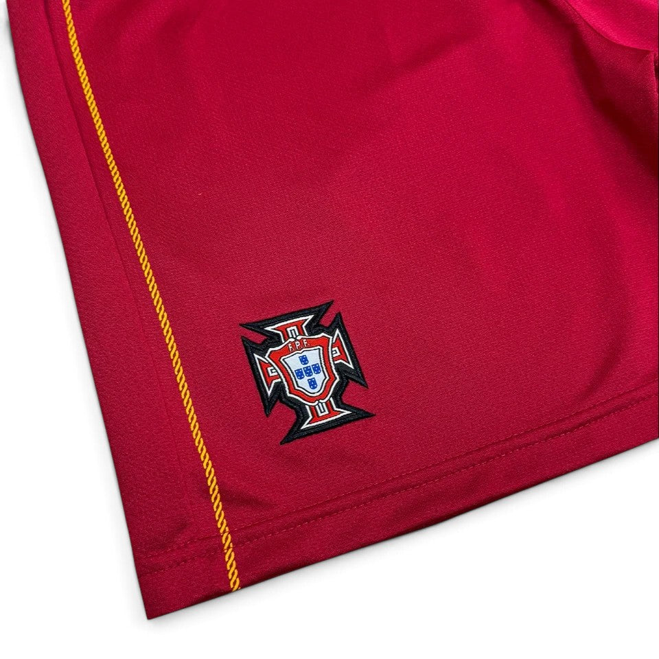 Elite Retro Kits Portugal 2006 home kids kit shorts in deep red with yellow side piping and embroidered team crest