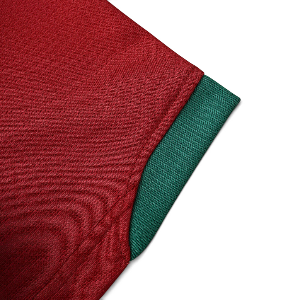 Elite Retro Kits Portugal 2006 home shirt sleeve detail in iconic red fabric with green ribbed trim