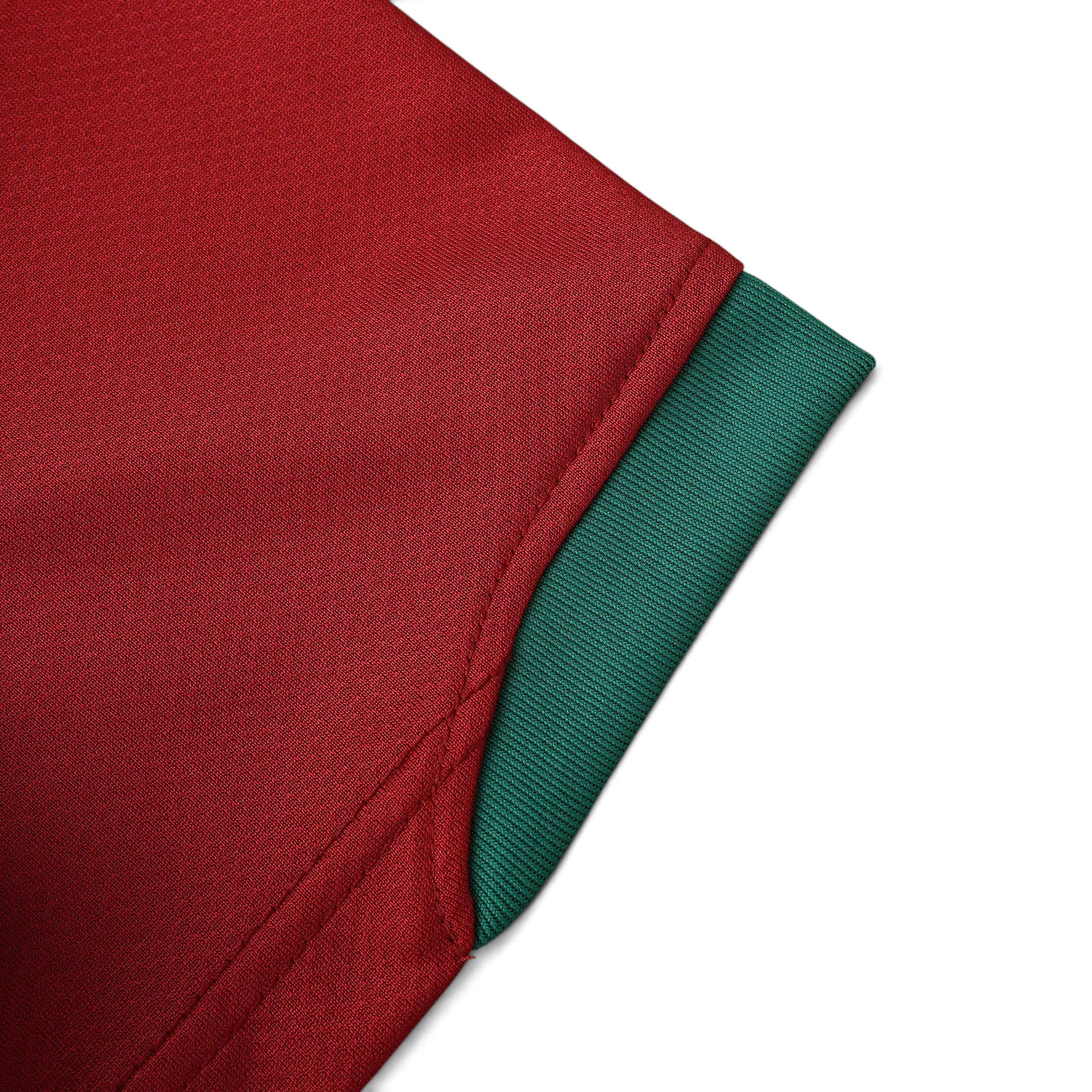 Elite Retro Kits Portugal 2006 home shirt sleeve detail in iconic red fabric with green ribbed trim