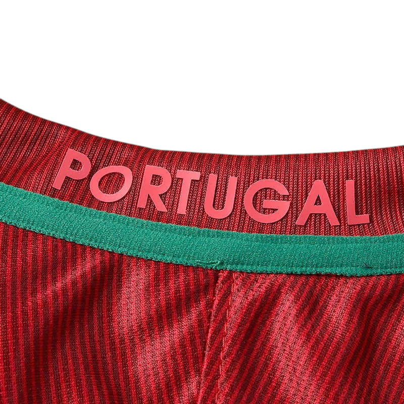 Elite Retro Kits Portugal 2016 home football shirt featuring red fabric with green collar detail and Portugal text
