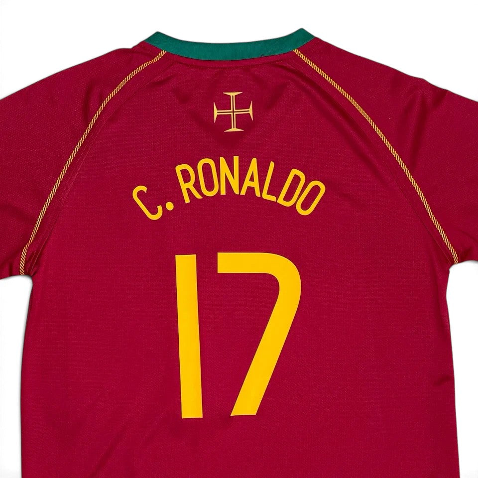Elite Retro Kits Portugal 2006 kids home jersey featuring C. Ronaldo name and number 17 in yellow on deep red fabric