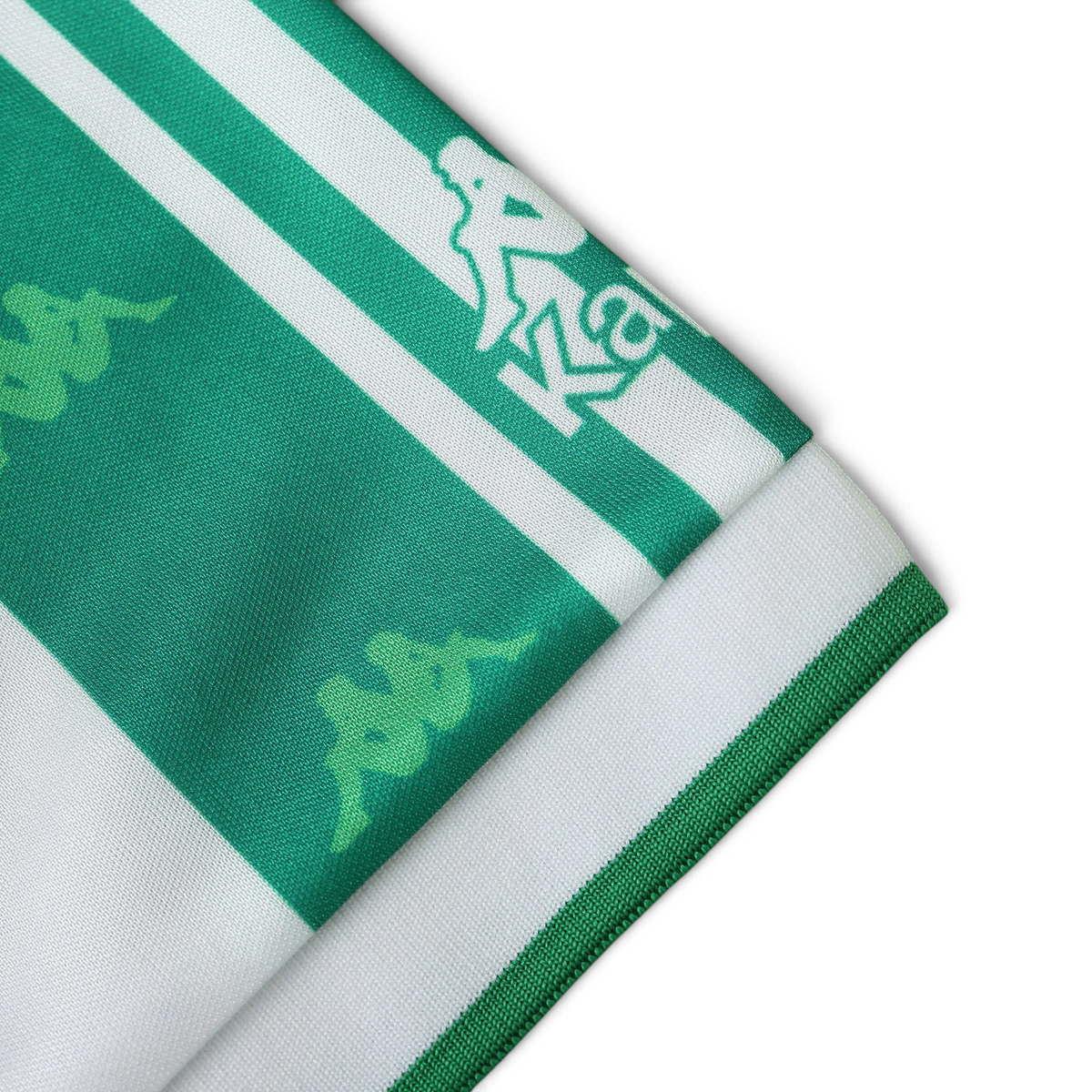 Elite Retro Kits Real Betis 1996/97 home shirt sleeve detail featuring green and white stripes and Kappa logo tape.
