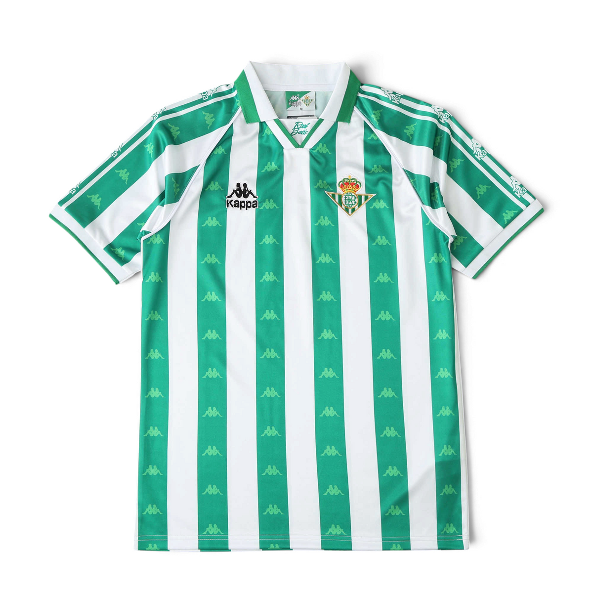 Elite Retro Kits Real Betis 1996/97 home football shirt featuring green and white stripes and Kappa shoulder logos.