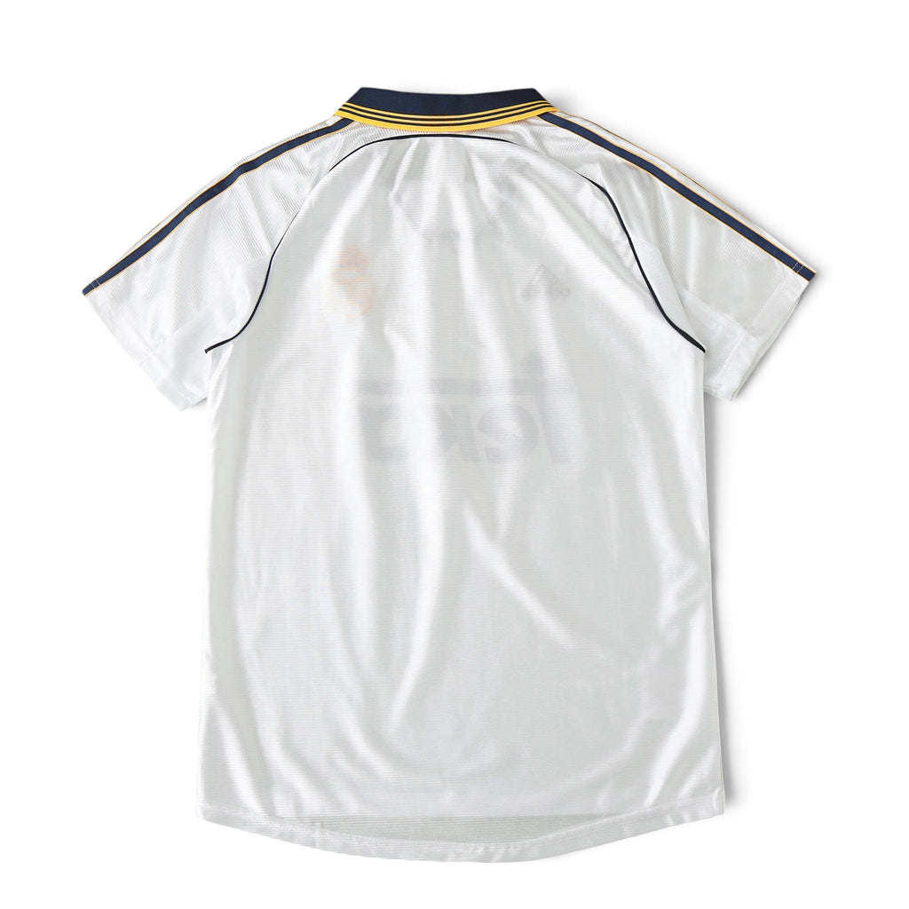 Elite Retro Kits Real Madrid 1999/00 home shirt in white with navy and yellow collar trim and shoulder stripes.