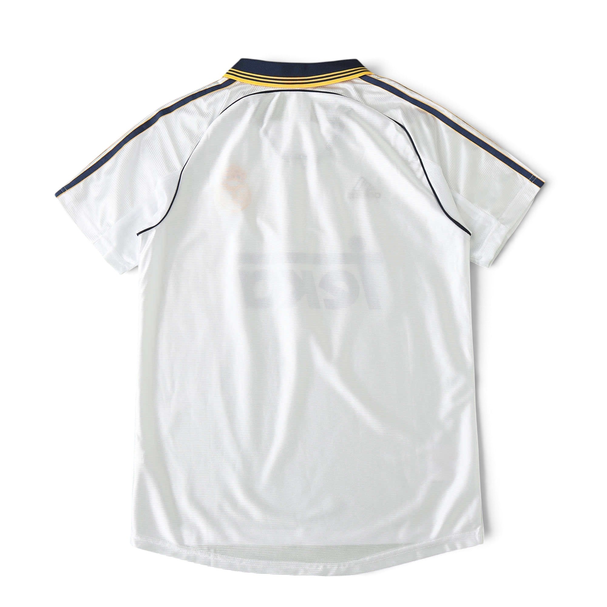 Elite Retro Kits Real Madrid 1999/00 home shirt in white with navy and yellow collar trim and shoulder stripes.