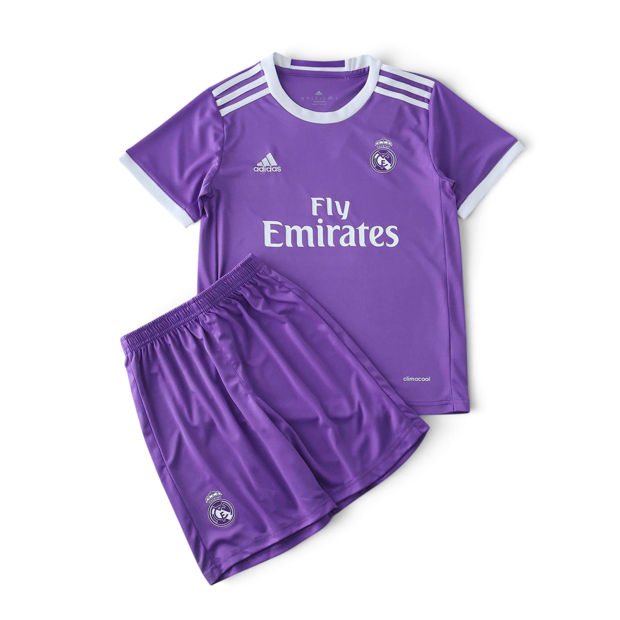 Elite Retro Kits kids Real Madrid 2016/17 away purple football shirt and shorts set with white trim and sponsor logo