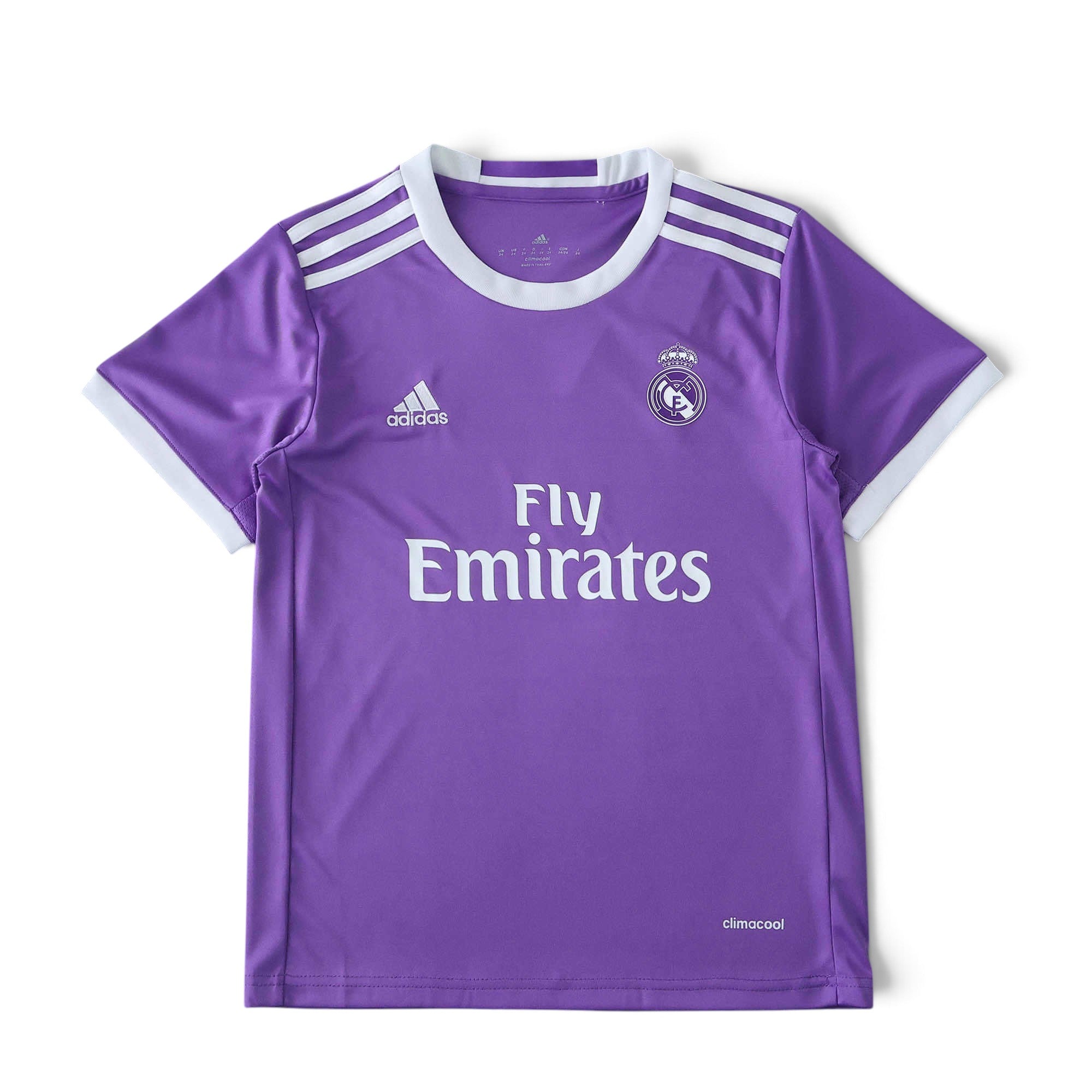 Elite Retro Kits kids' purple Real Madrid 2016/17 away football shirt with white trim and sponsor logo
