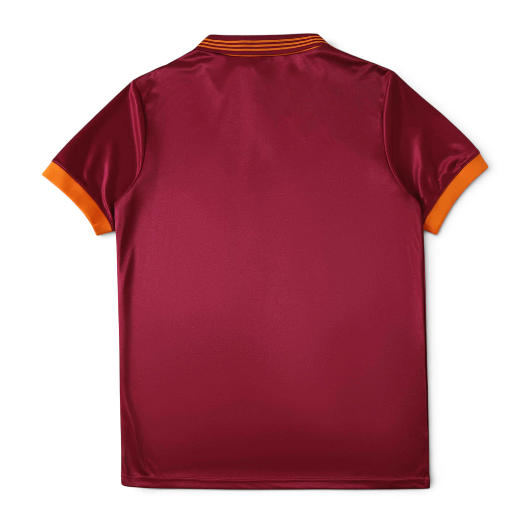 Back view of the Elite Retro Kits Roma 1992/94 home football shirt in deep red with yellow striped collar and cuffs.
