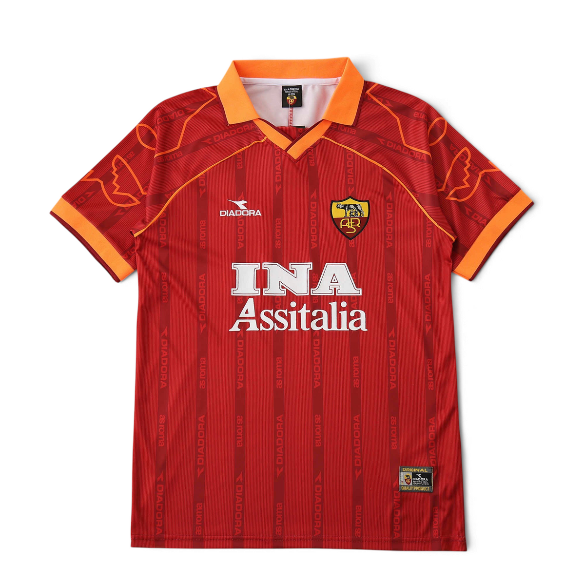 Elite Retro Kits Roma 1999/00 home football shirt in red with orange collar and INA Assitalia sponsor logo