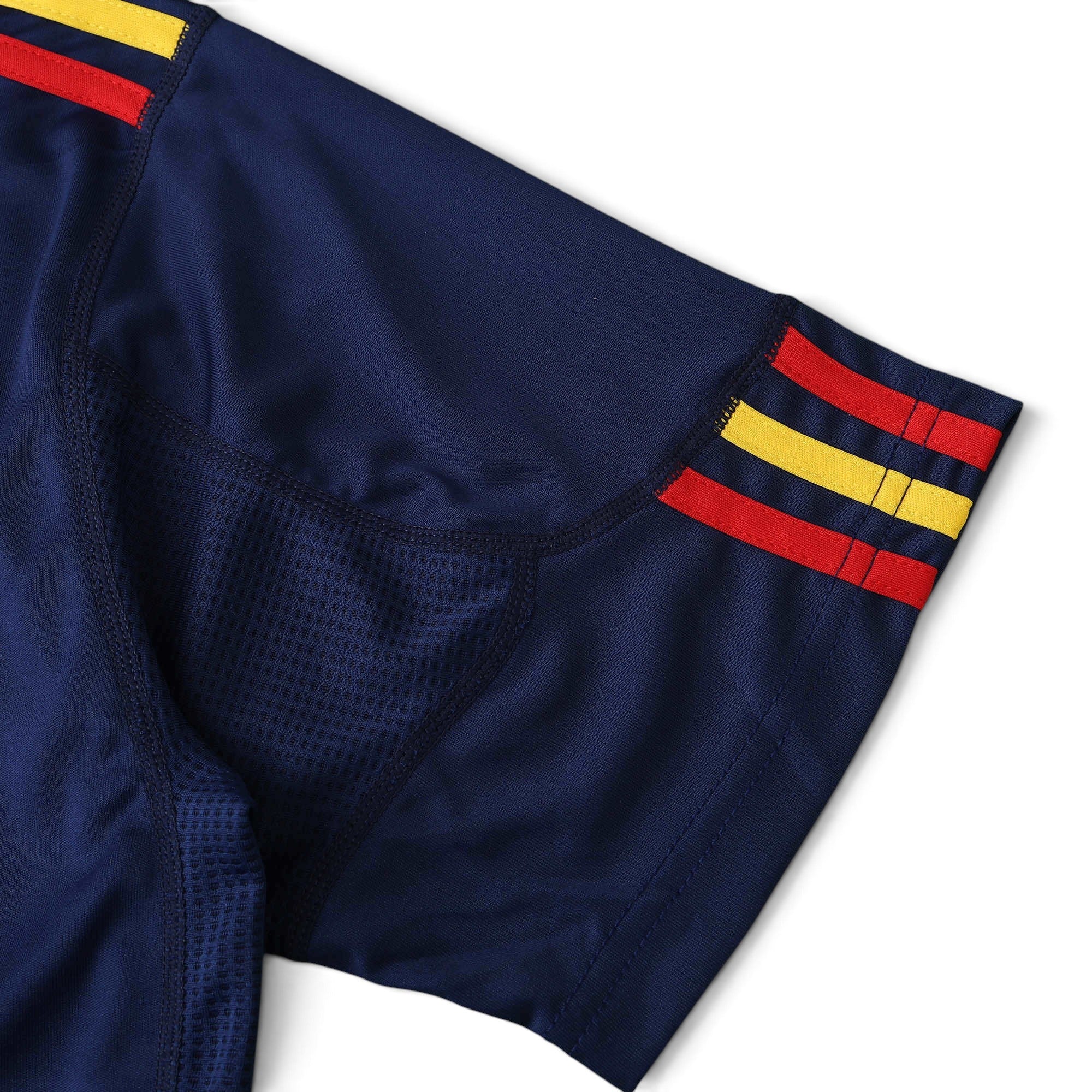 Elite Retro Kits Spain 2010 World Cup final away shirt sleeve in navy blue with red and yellow striped detailing.