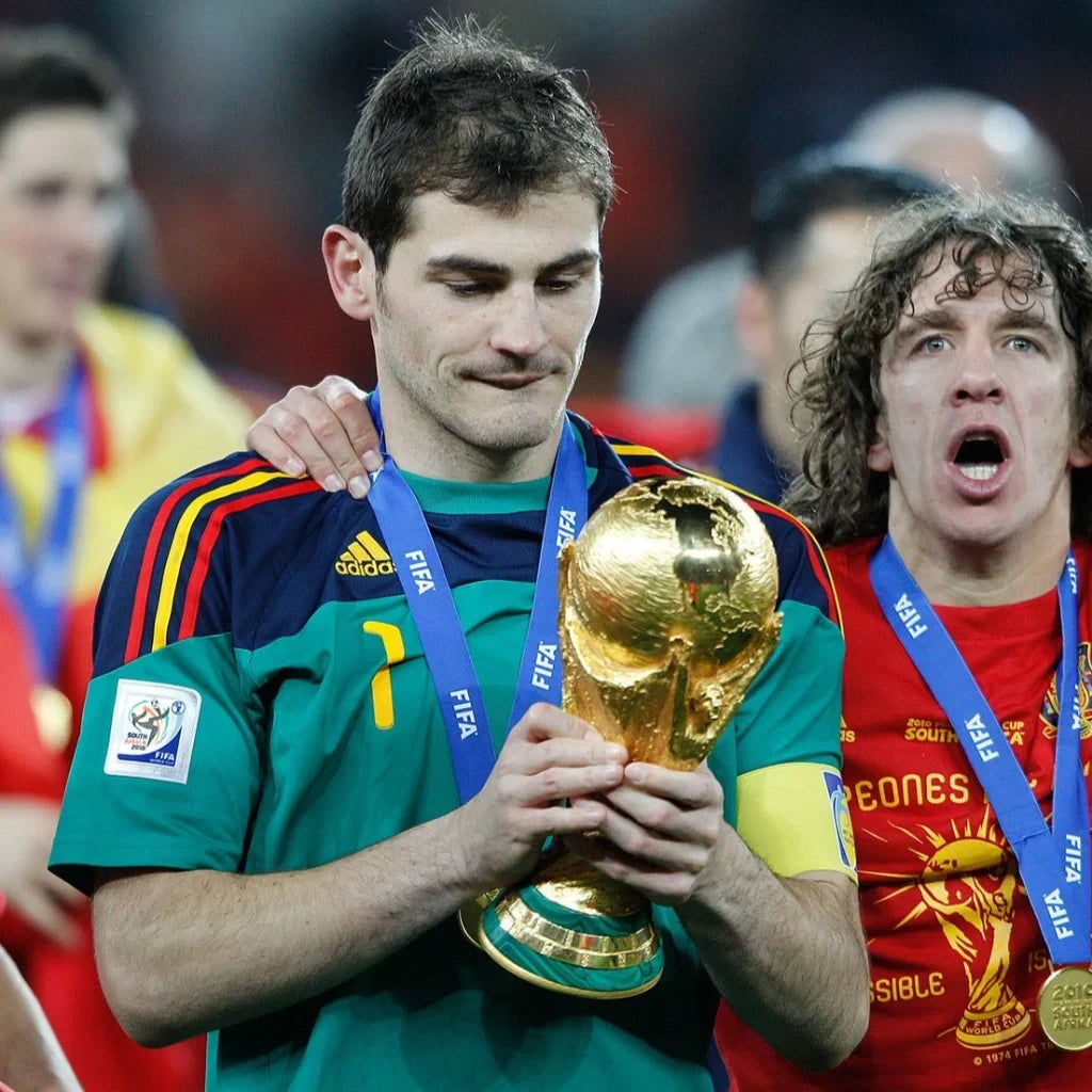 Elite Retro Kits Spain 2010 goalkeeper kids kit in teal with yellow and red accents worn by Iker Casillas