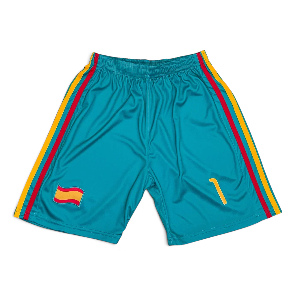 Elite Retro Kits kids Spain 2010 goalkeeper shorts in teal with yellow and red side stripes and Spanish flag patch.