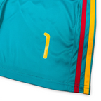 Elite Retro Kits Spain 2010 kids goalkeeper shorts in teal with yellow number 1 and red and yellow side stripes
