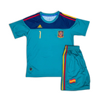 Elite Retro Kits Spain 2010 kids goalkeeper kit in teal with yellow and red accents and team crest