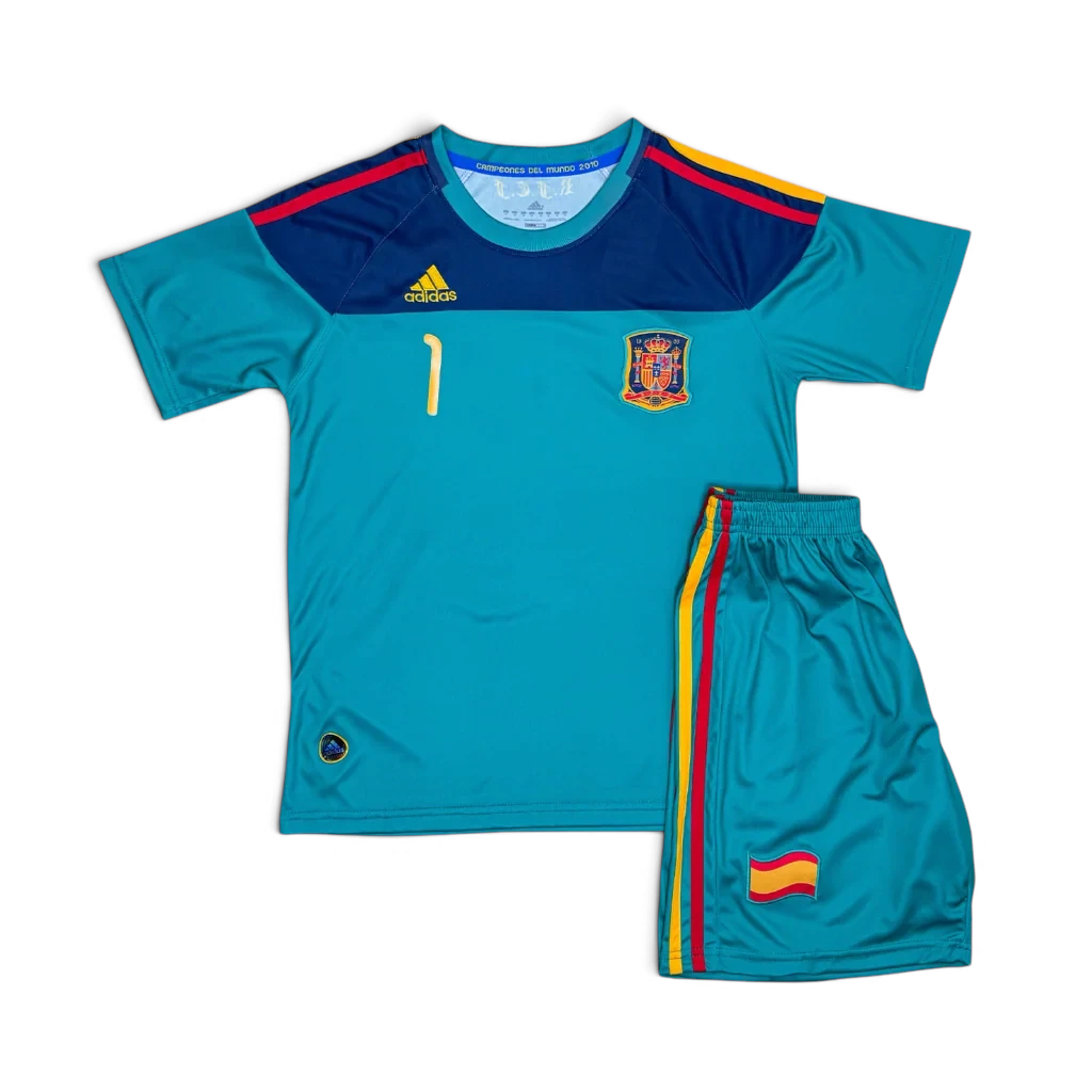 Elite Retro Kits Spain 2010 kids goalkeeper kit in teal with yellow and red accents and team crest