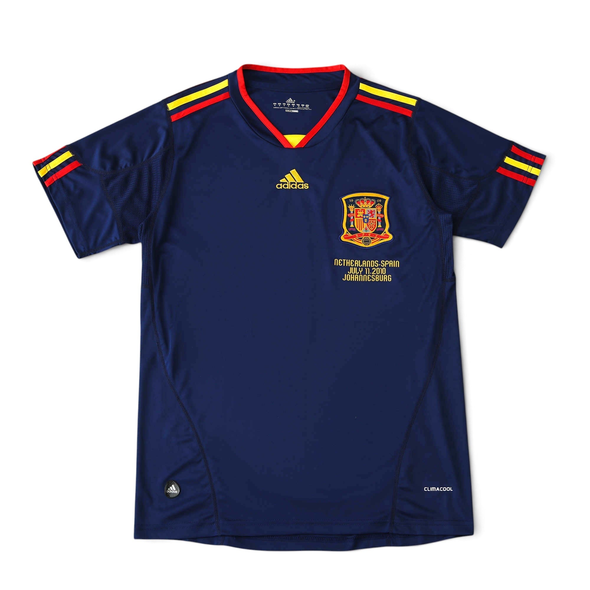 Elite Retro Kits Spain 2010 World Cup final away jersey in navy blue with gold detailing and commemorative text
