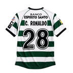 Elite Retro Kits Sporting Lisbon 2003 home shirt with green and white hoops, featuring C. Ronaldo number 28 on back.