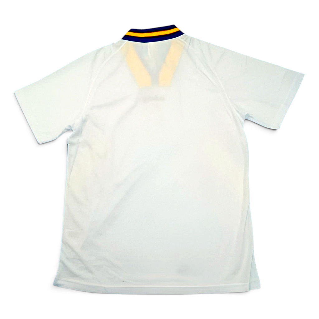 Elite Retro Kits Sweden 1994 away football shirt, back view showing white fabric and blue and yellow striped collar.