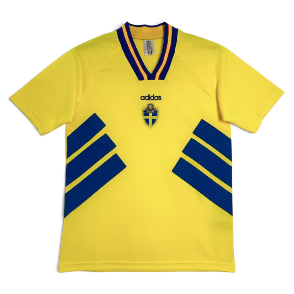 Elite Retro Kits Sweden 1994 home football shirt in yellow with blue trim, featuring the three crowns crest.