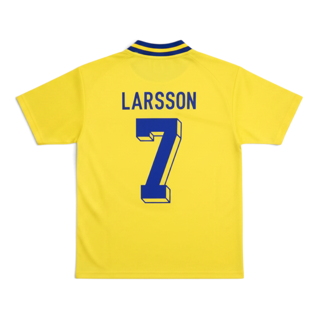 Elite Retro Kits Sweden 1994 home football shirt in yellow with blue trim, featuring Larsson 7 on the back.