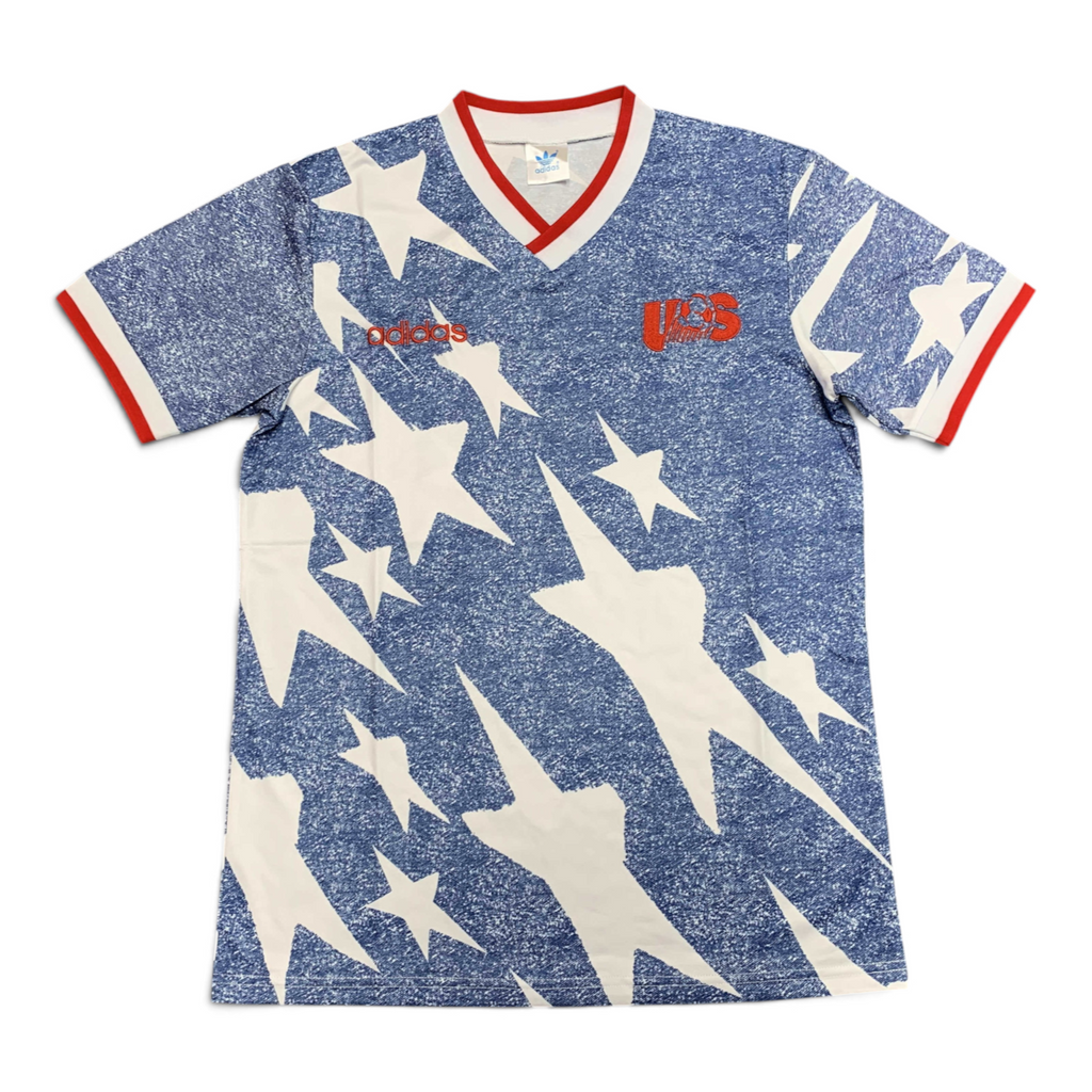 Elite Retro Kits USA 1994 away soccer jersey in navy blue with white star pattern, red trim, and USSF crest.
