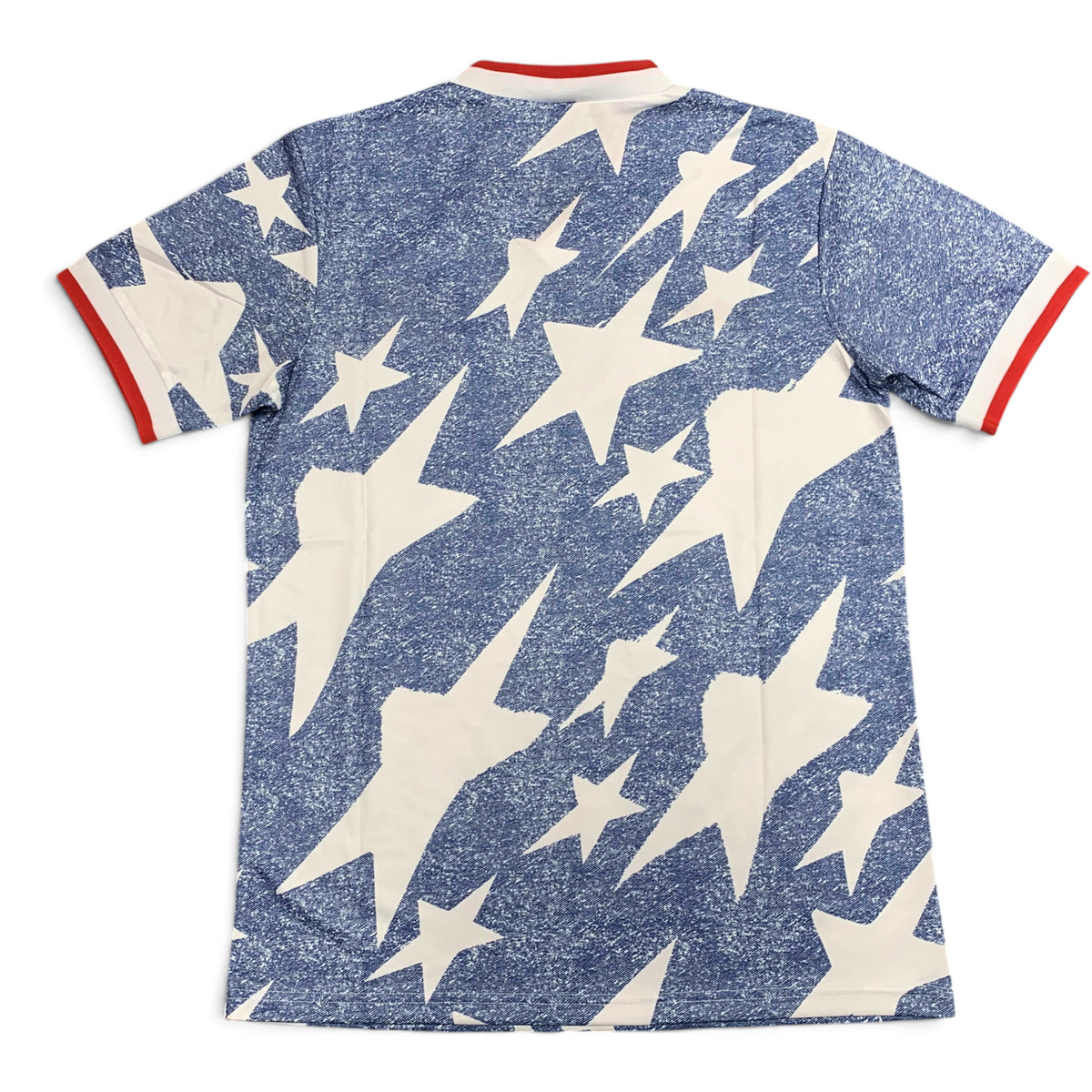 Elite Retro Kits USA 1994 away soccer jersey featuring a navy blue denim-style print with large white stars and red trim