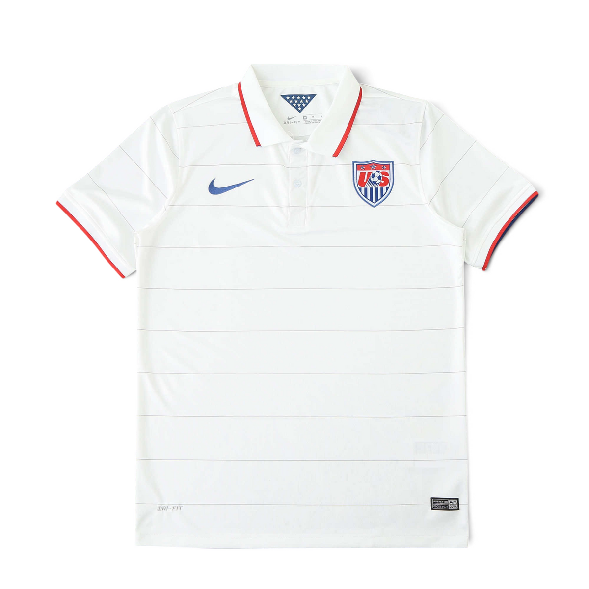 Elite Retro Kits USA 2014 home football shirt in white with a polo collar, red trim, and blue Nike swoosh logo.