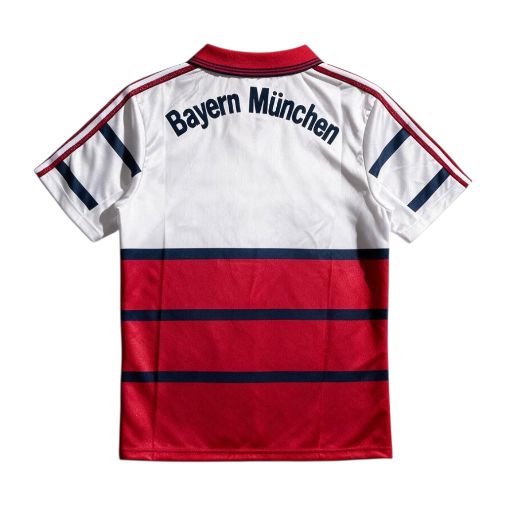 Elite Retro Kits Bayern Munich 1998/99 home football shirt back view featuring red and white stripes and navy lettering