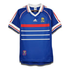 A blue, red, and white soccer jersey with the year 1998 and the French national team's crest, manufactured by Adidas.