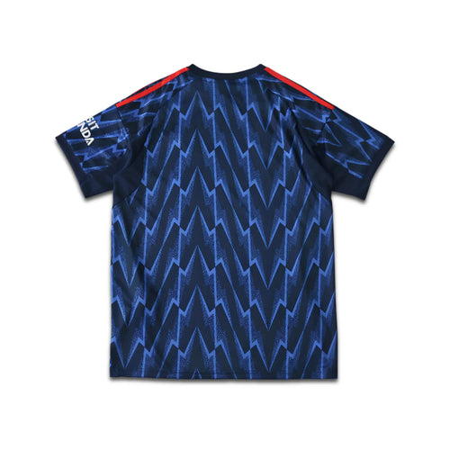 Blue sports jersey with red accents on a white background