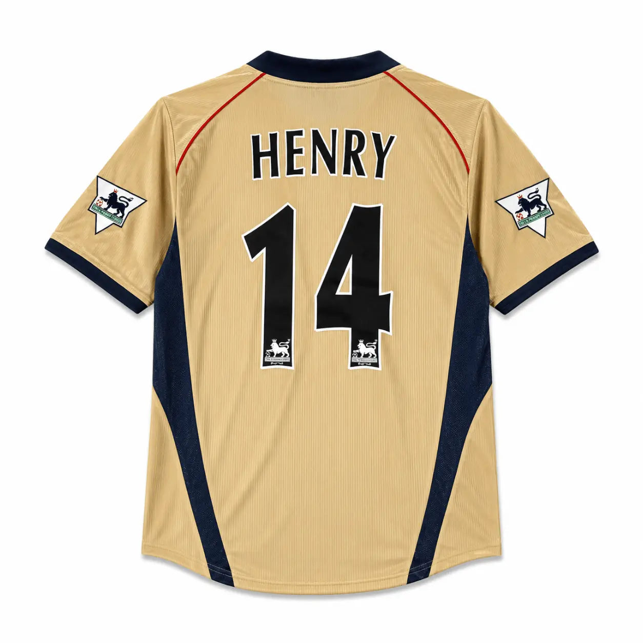 Back view of a gold and navy blue soccer jersey with 'HENRY' and the number '14' printed on the back, featuring Premier League patches on the sleeves.
