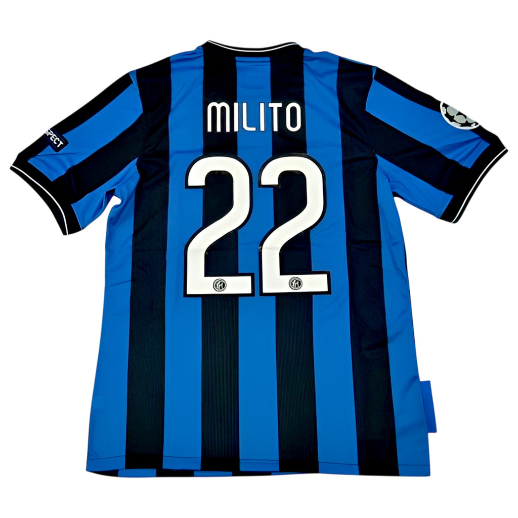 Back view of an Inter Milan soccer jersey with blue and black vertical stripes, featuring the name 'MILITO' and number '22' in white on the back.