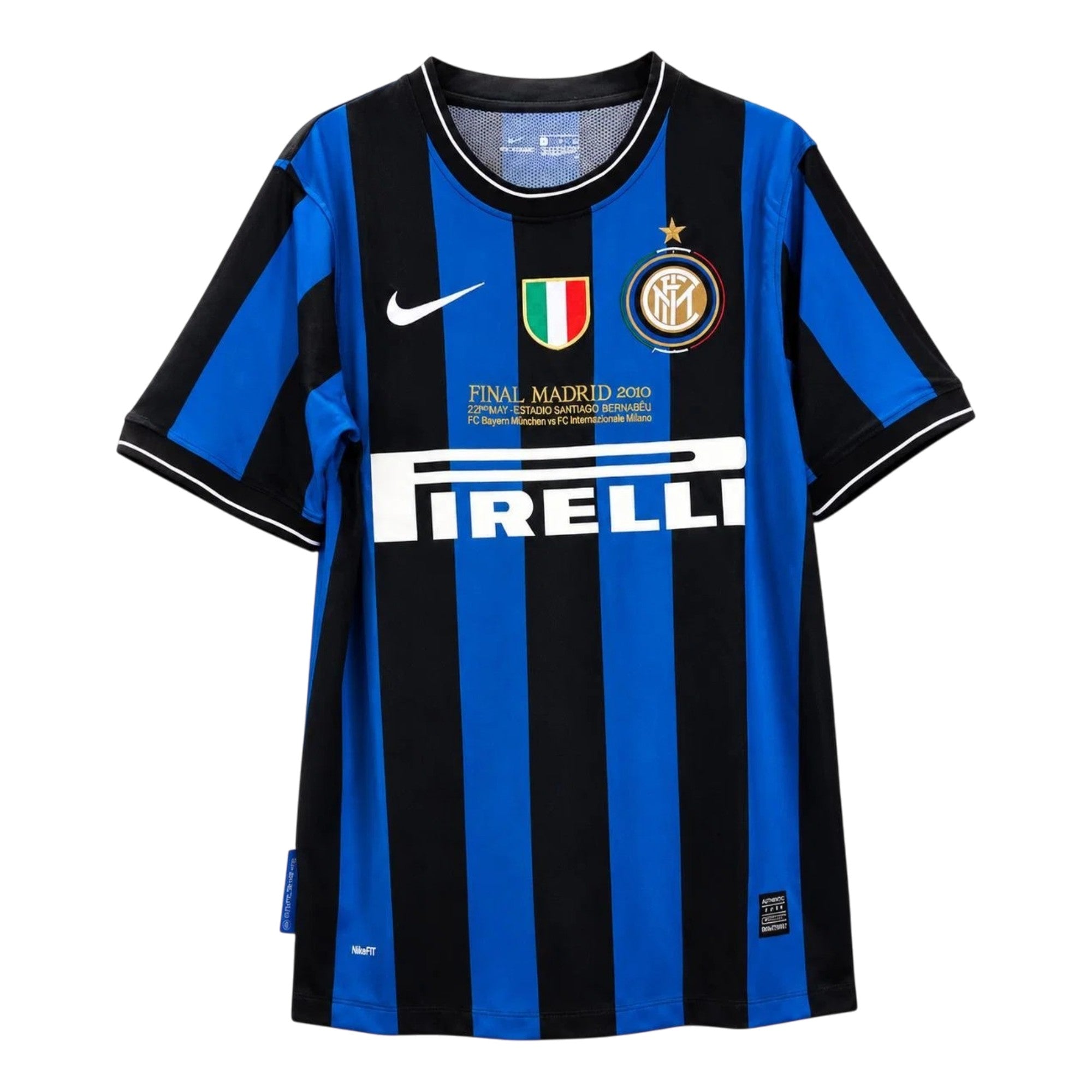 A Nike Inter Milan soccer jersey with vertical blue and black stripes, featuring the Pirelli sponsor logo, Inter Milan crest, and a gold Final Madrid 2010 patch on the chest.