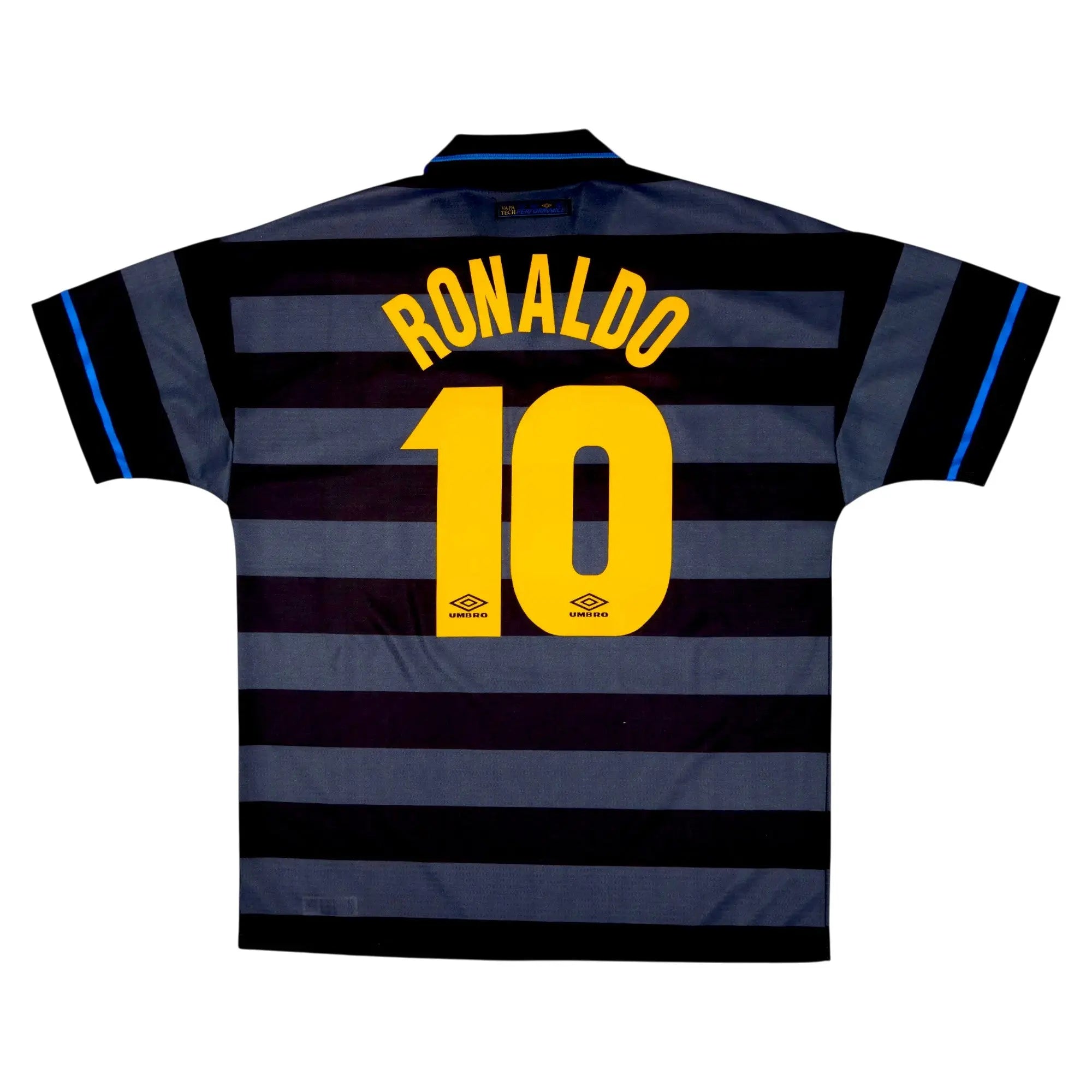 Back view of a striped soccer jersey with 'RONALDO 10' printed in yellow on a dark navy and black horizontal-striped shirt with blue trim on the collar and sleeve cuffs.