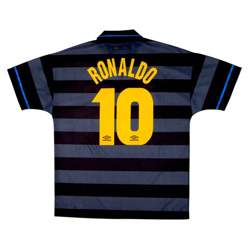 Back view of a striped soccer jersey with 'RONALDO 10' printed in yellow on a dark navy and black horizontal-striped shirt with blue trim on the collar and sleeve cuffs.